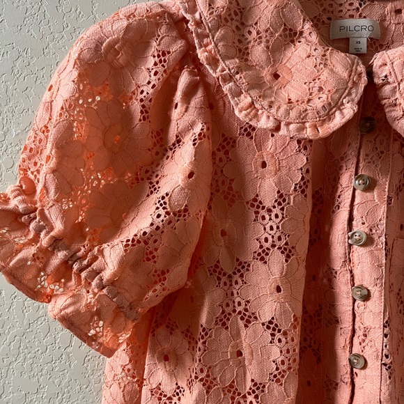 Pilcro Keira Lace Blouse by Anthropologie Womens Coral Collar Puff Sleeve Top XS - Picture 5 of 17